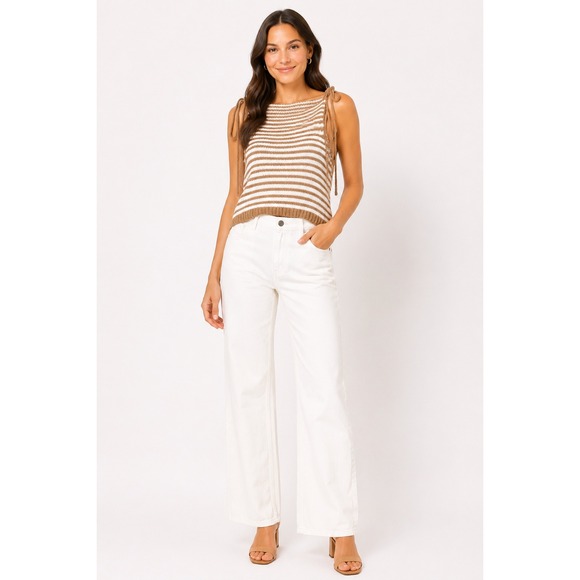 Free People Tops - Free People Striped Knit Tank Top Tan White Tie Shoulder Sleeveless Small